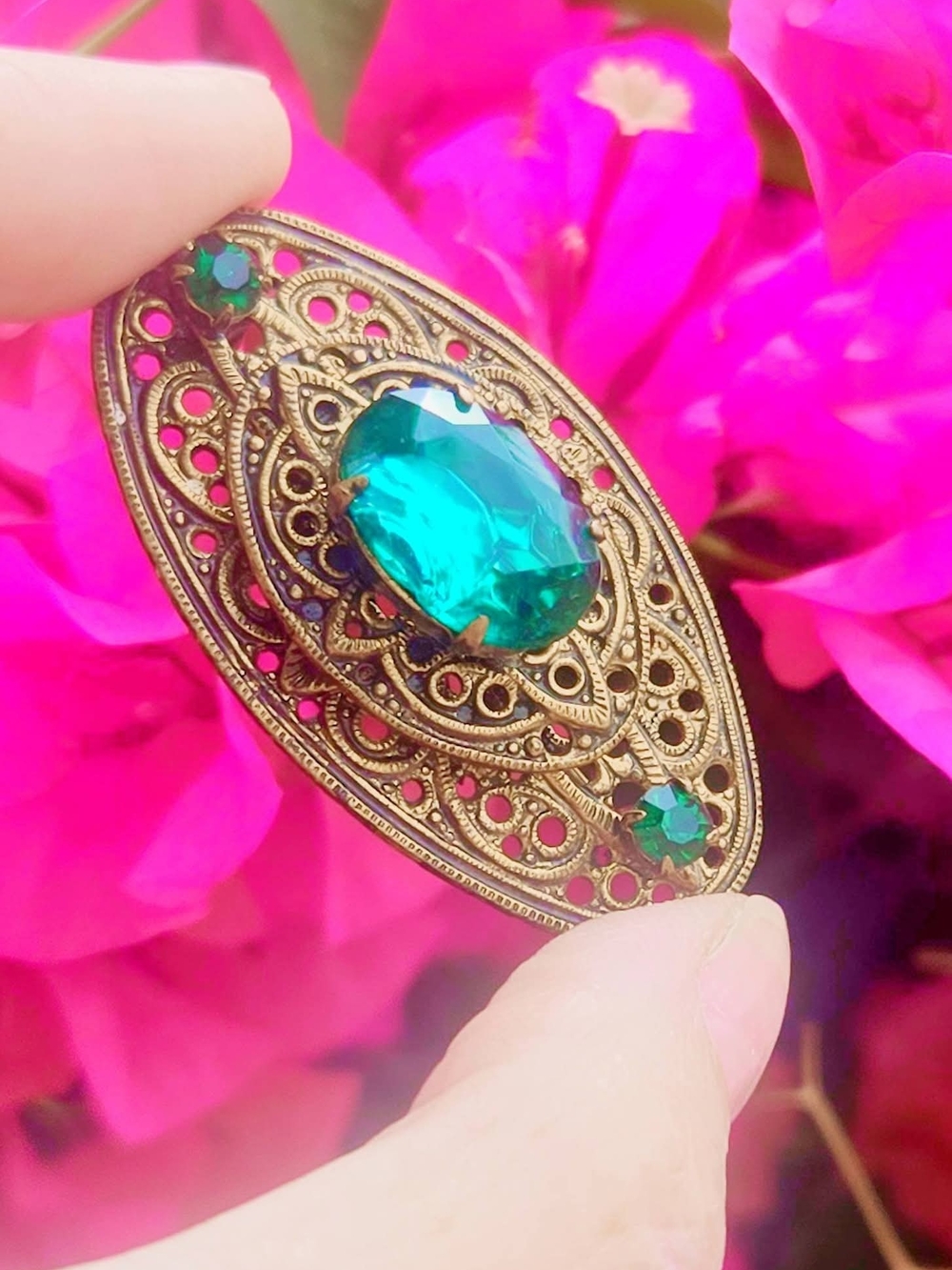 Vintage Art Deco Revival Tiered Brass Filigree Emerald Glass Brooch